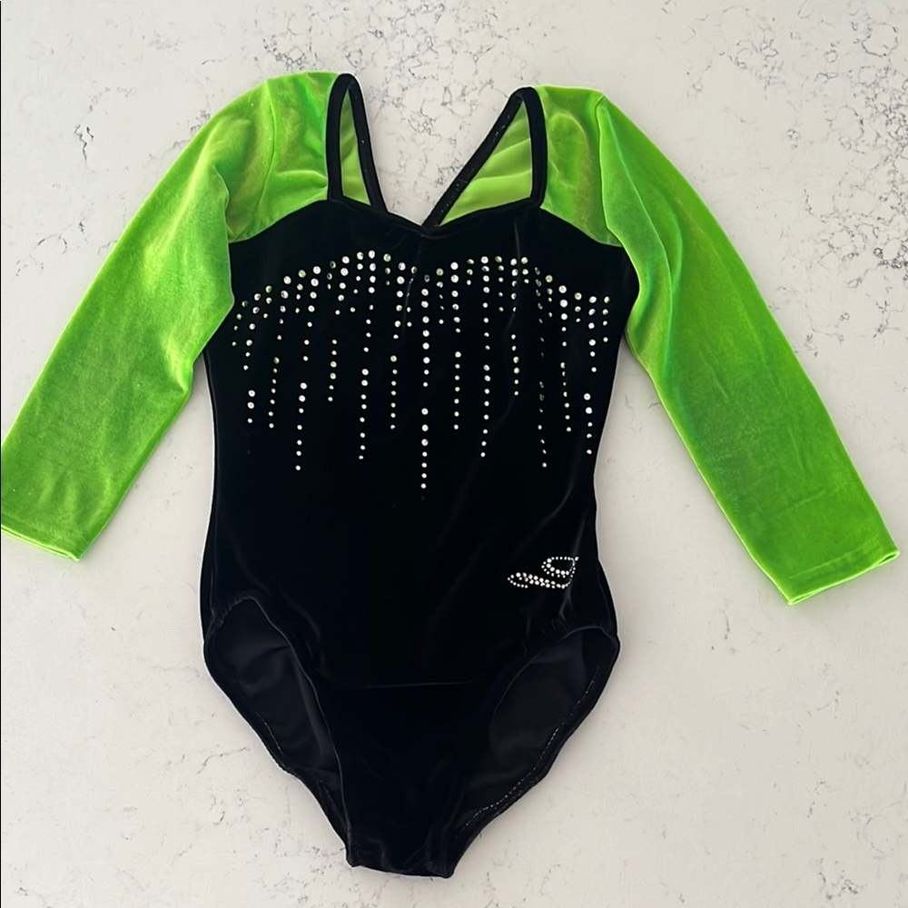 Dreamlight Black / Green Long Sleeve Leotard with Rhinestones